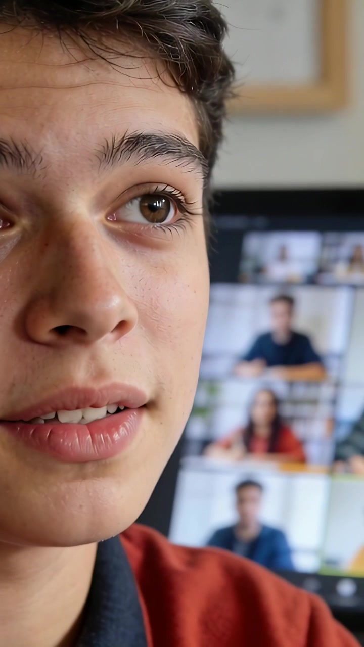 Vertical video: Speaking teen student in red top gesturing during remote class, with monitor grid