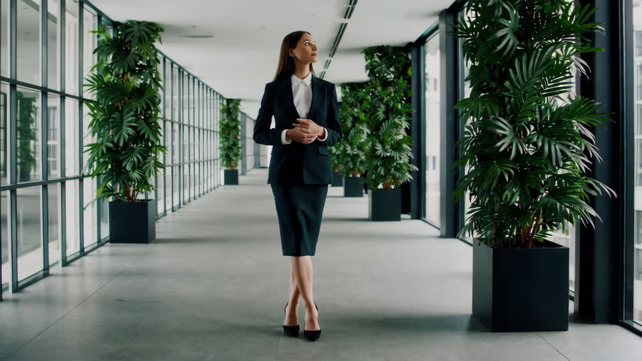 Confident businesswoman walking in modern office hallway