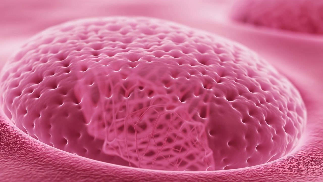 Primo piano di una superficie microscopica rosa dall'aspetto organico con una forma arrotondata al centro, illuminazione soffusa, bassa profondità di campo, texture liscia e astratta.