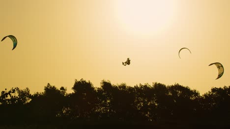 Wide-shot-of-kites-and-kitesurfers-performing-tricks-above-silhouetted-stand-of-trees-with-the-sun-in-the-background-of-a-warm-yellowish-sky,-slow-motion