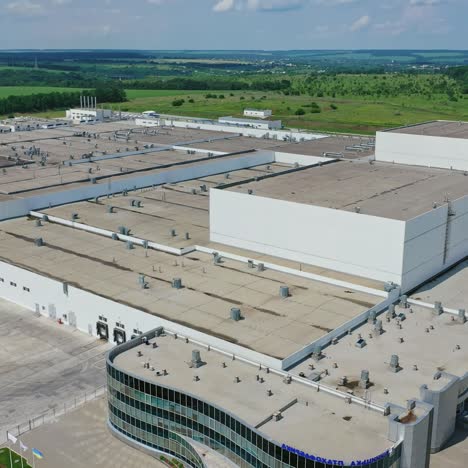 manufacturing complex outdoors. exterior of modern factory in the countryside. large industrial area among green fields. aerial view.