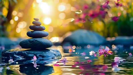 a stack of pebbles sitting on top of a rock in a pond