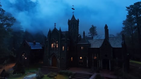 a large church in the middle of a forest at night