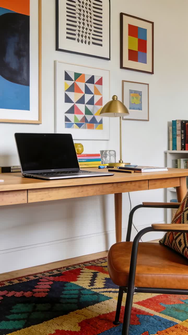 Vertical video: Panning camera sweeping right-to-left across home study, revealing laptop, lamp