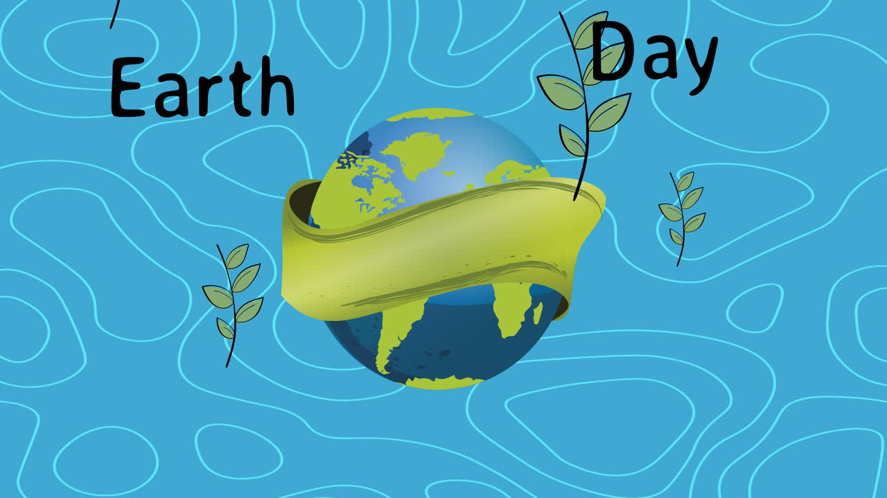 анимация текста дня земли на зеленой ленте, обернутой вокруг глобуса и листьев на синем фоне