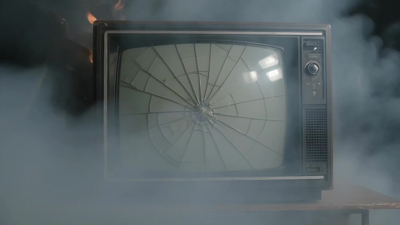 Zooming camera drawing closer after flame, revealing vintage CRT TV cracking in studio with smoke
