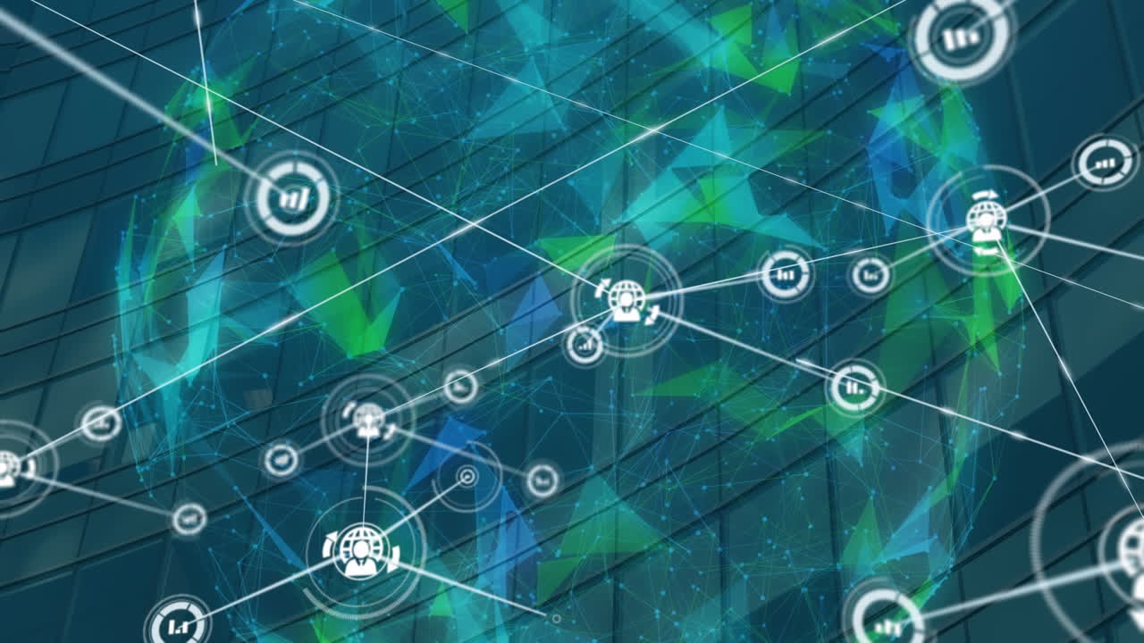 도시 풍경 위의 아이콘으로 연결된 네트워크의 애니메이션