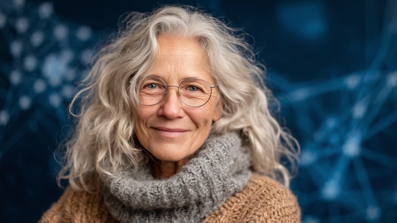 A Warm and Inviting Portrait of a Thoughtful Person with Silvery Hair in a Cozy Sweater, Exuding Confidence and Serenity Against a Dynamic Background