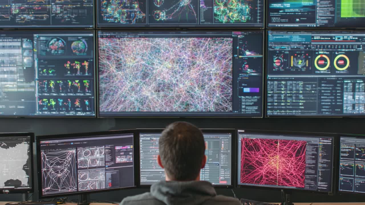 Un analista monitora visualizzazioni di dati complesse in una sala di controllo ad alta tecnologia, circondato da molteplici schermi che mostrano informazioni dinamiche e modelli di rete
