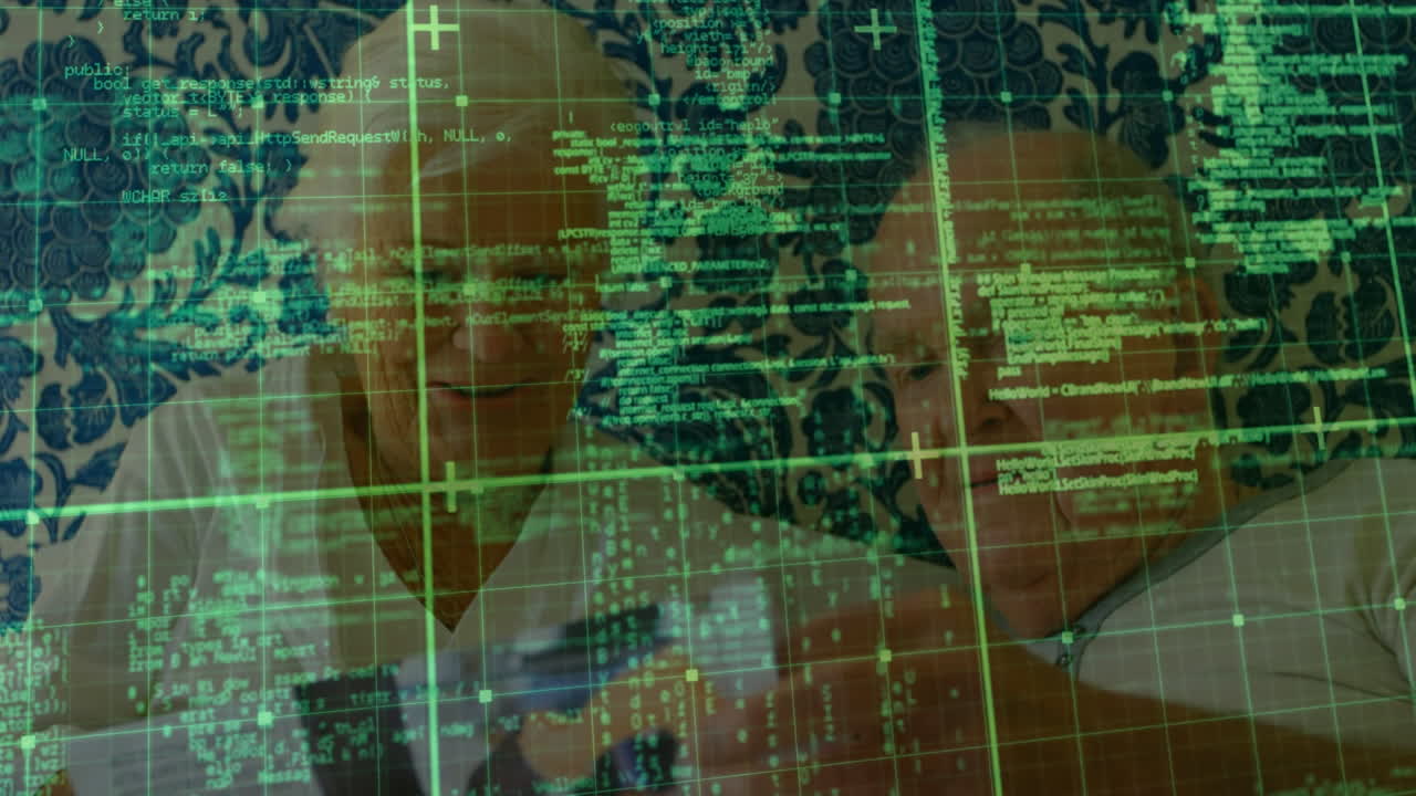 animación del procesamiento de datos digitales sobre una feliz pareja de ancianos