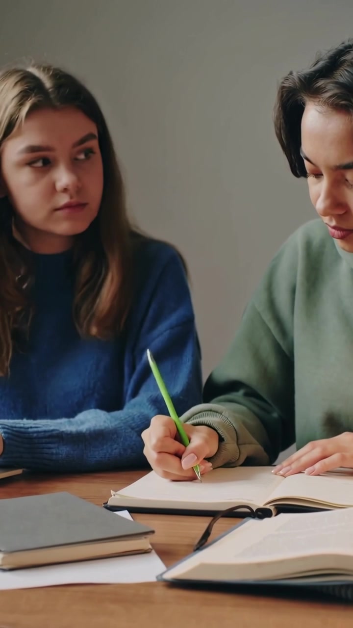 Vertikal video: Student som skriver og svarer på en åpen bok ved et bord, med grønn penn og notatbøker.