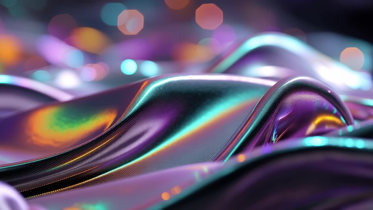 Fluid purple and blue iridescence flows across undulating fabric. Light dances on shimmering surfaces, creating depth and motion. Bokeh glows softly behind the material's gentle folds