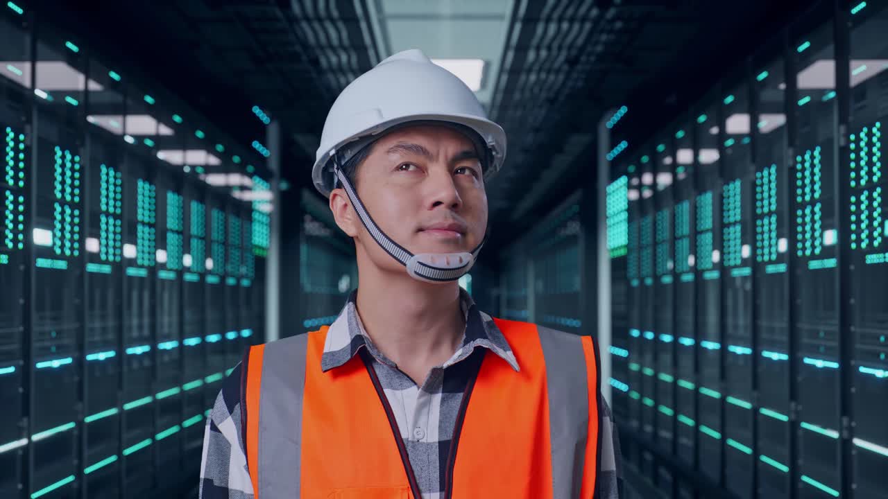データセンターのサーバールームに立ち、周囲を見回している安全ヘルメットを着用したアジア系男性エンジニアのクローズアップ。