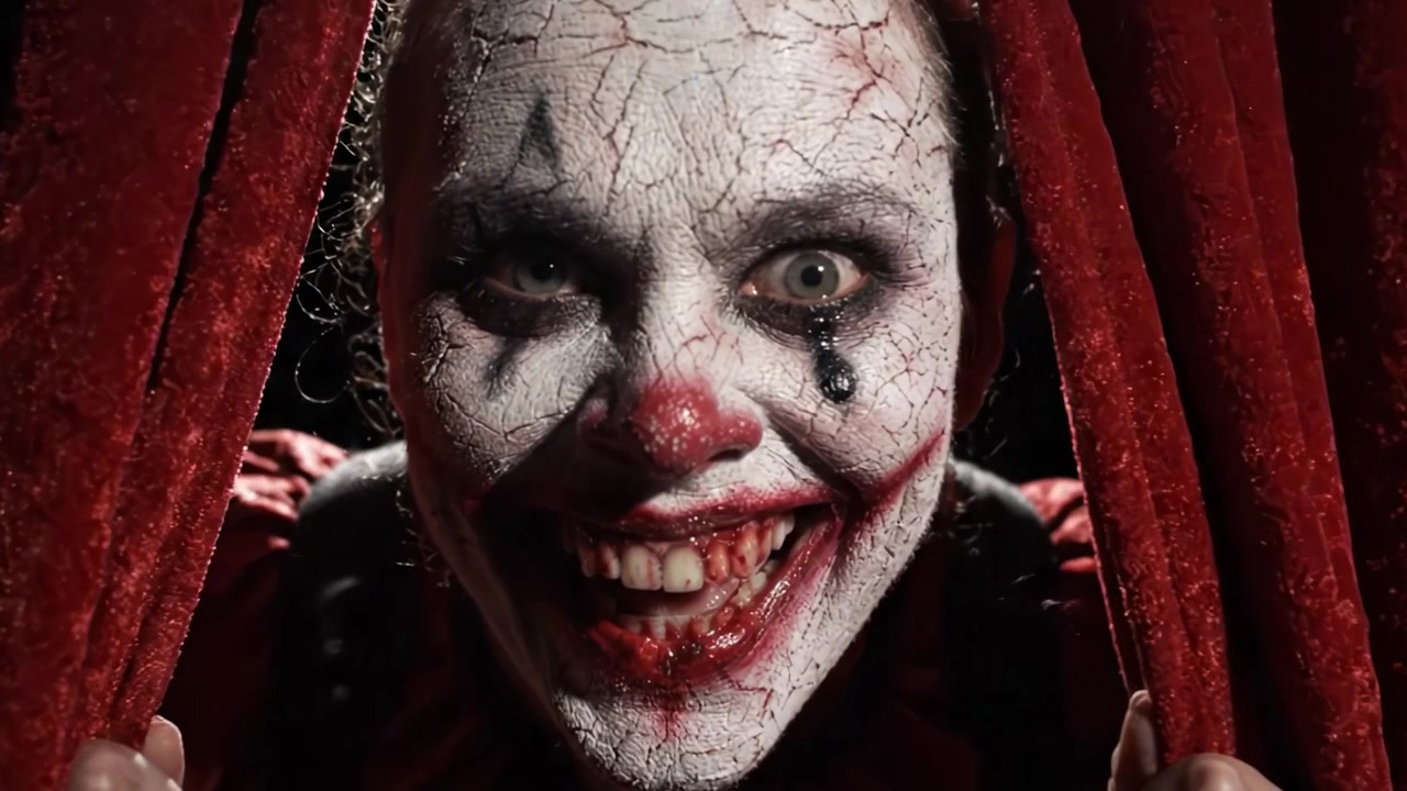 Un clown sinistro che sbircia attraverso tende di velluto, catturando un'atmosfera spettrale con un volto ghignante e un trucco minaccioso, perfetto per un tema horror