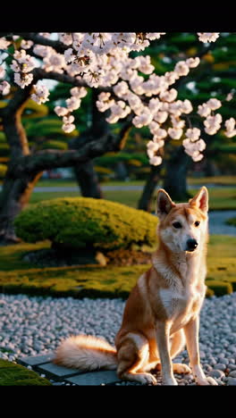 dog in a beautiful japanese garden with cherry blossoms