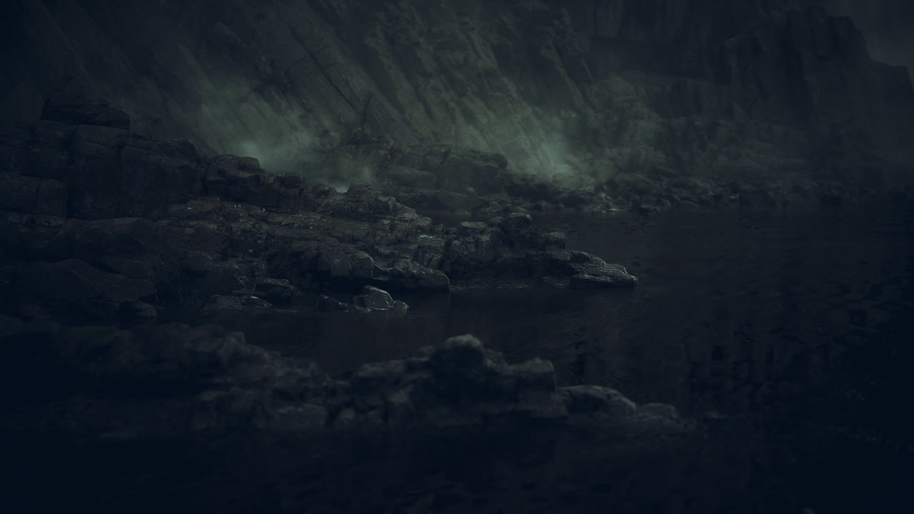 Eerie landscape of rocky shores under dim light at twilight