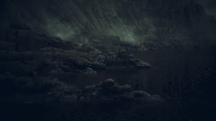 Eerie landscape of rocky shores under dim light at twilight
