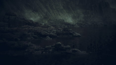 eerie landscape of rocky shores under dim light at twilight