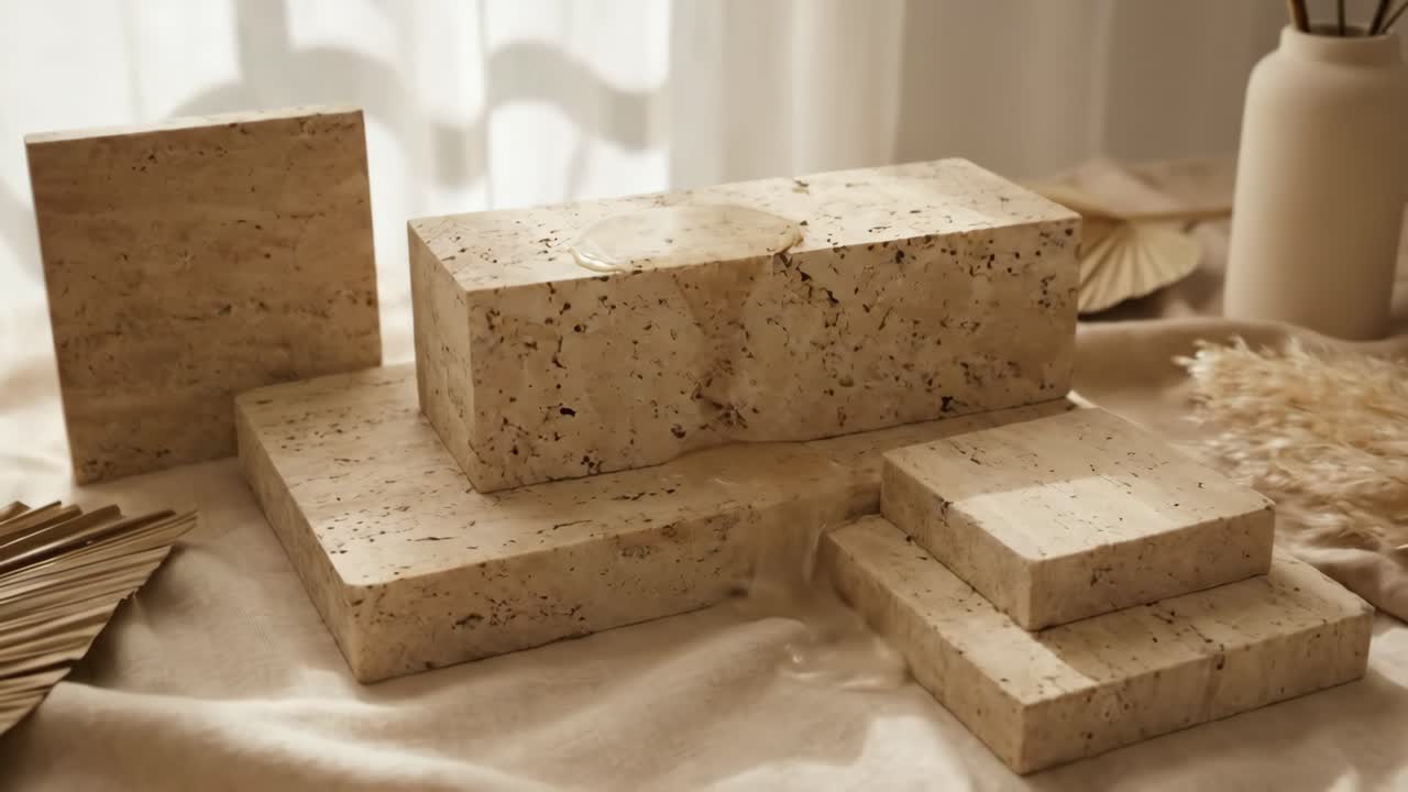 Slow Motion of Cosmetic Liquid Dripping on Travertine Product Display