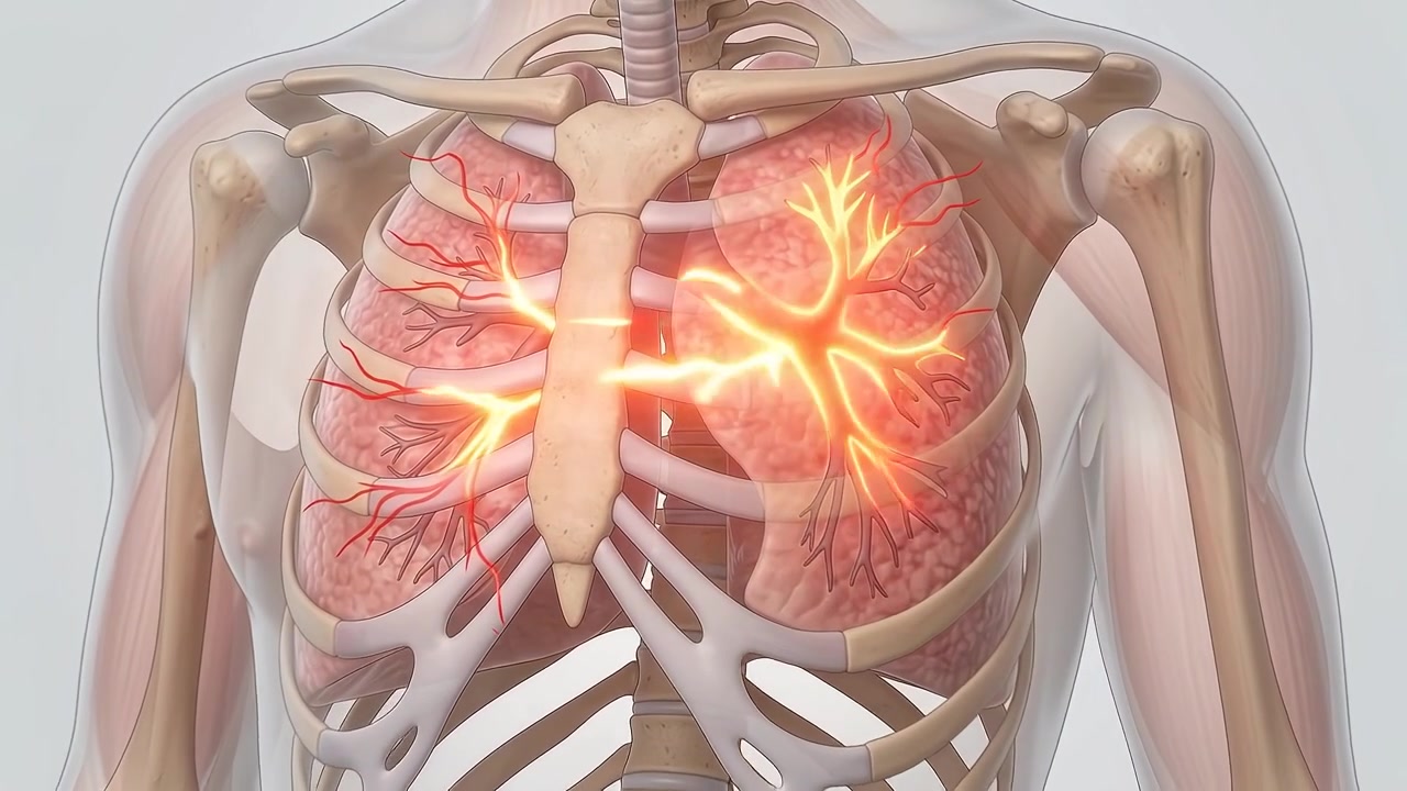 Animazione medica di polmoni umani e sistema bronchiale con infiammazione