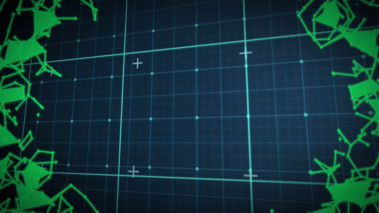 Green triangles emerging from sides initiating network growth around grid for data visualization