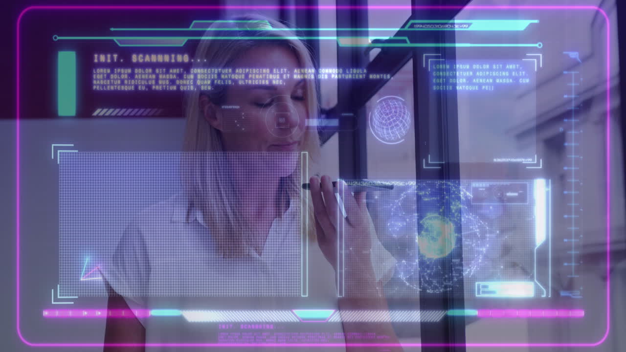 animación del procesamiento de datos financieros sobre una mujer de negocios caucásica que usa un teléfono inteligente