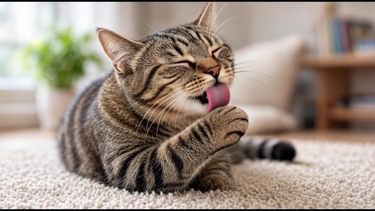 Gato malhado se lambendo em um chão acarpetado.