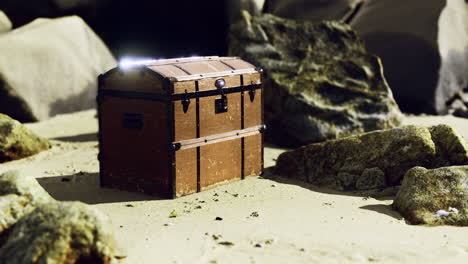 treasure chest surrounded by rocks on a sandy beach at night