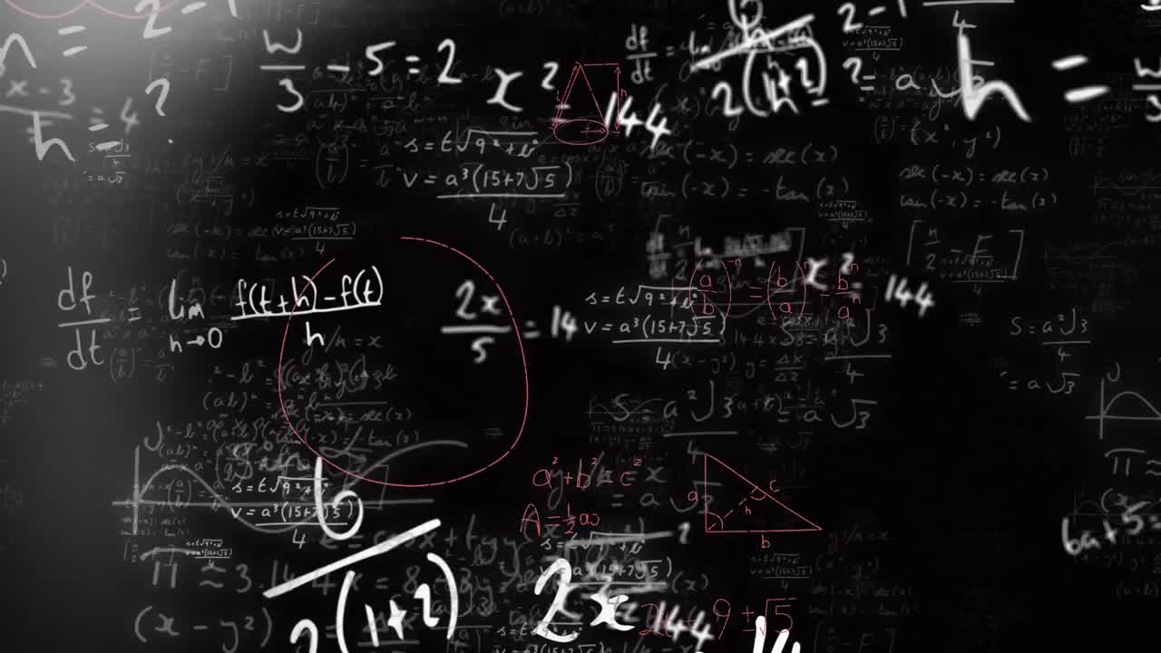 animación de puntos de luz sobre ecuaciones y fórmulas matemáticas flotando contra un fondo negro