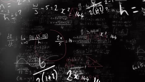 animación de puntos de luz sobre ecuaciones y fórmulas matemáticas flotando contra un fondo negro