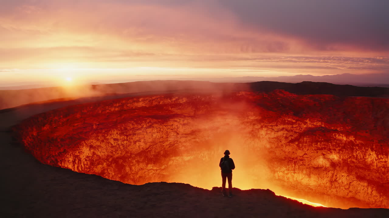 Person Standing at the Edge of a Volcano Crater at Sunset