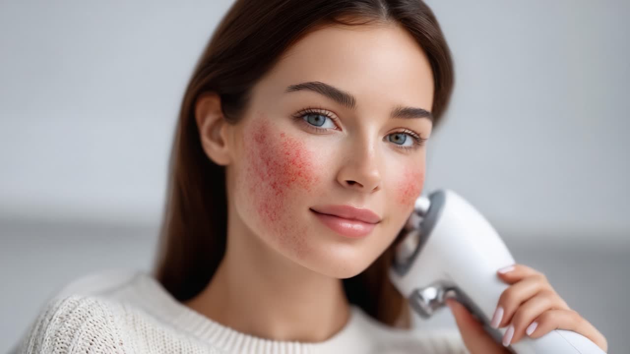 A Woman Utilizing a Skincare Device to Treat Redness on Her Cheeks, Emphasizing Modern Beauty Techniques and Self-Care Methods in Skincare Regimens