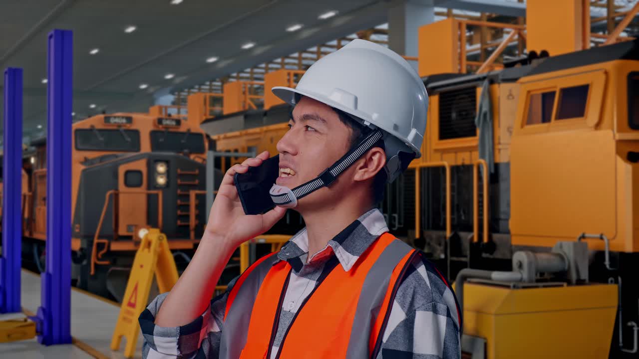 Primer plano lateral de un ingeniero asiático con casco de seguridad hablando por teléfono mientras está de pie. Ingenieros de mantenimiento de trenes en un depósito.