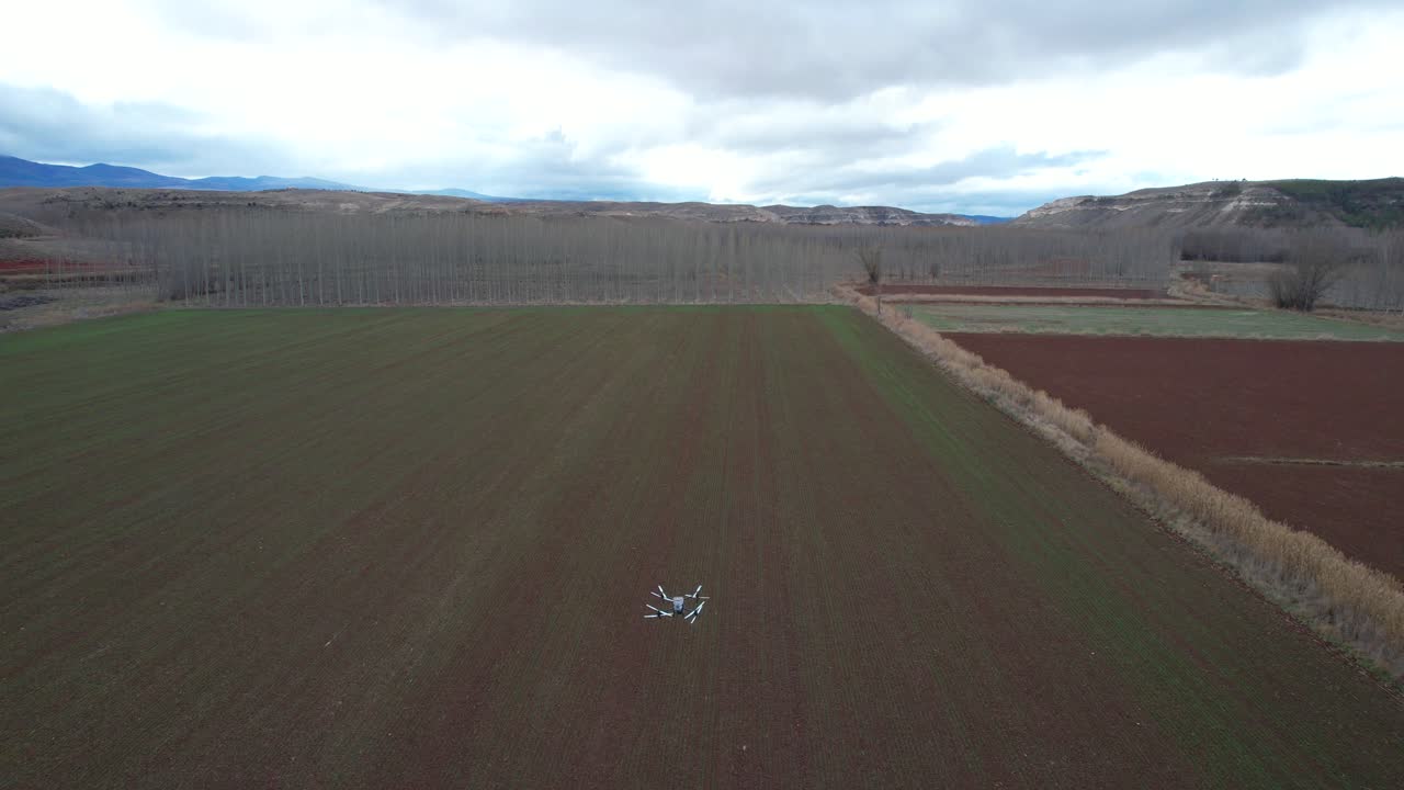 Ripresa aerea ascendente all'indietro che rivela l'intera estensione di un campo di grano con un drone agricolo al lavoro.