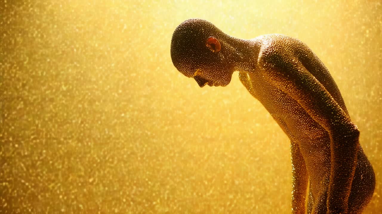 A Surreal Exploration of Human Form and Emotion Captured in Mesmerizing Golden Rain, Showcasing the Interaction of Light and Texture in a Unique Artistic Expression of Vulnerability and Beauty