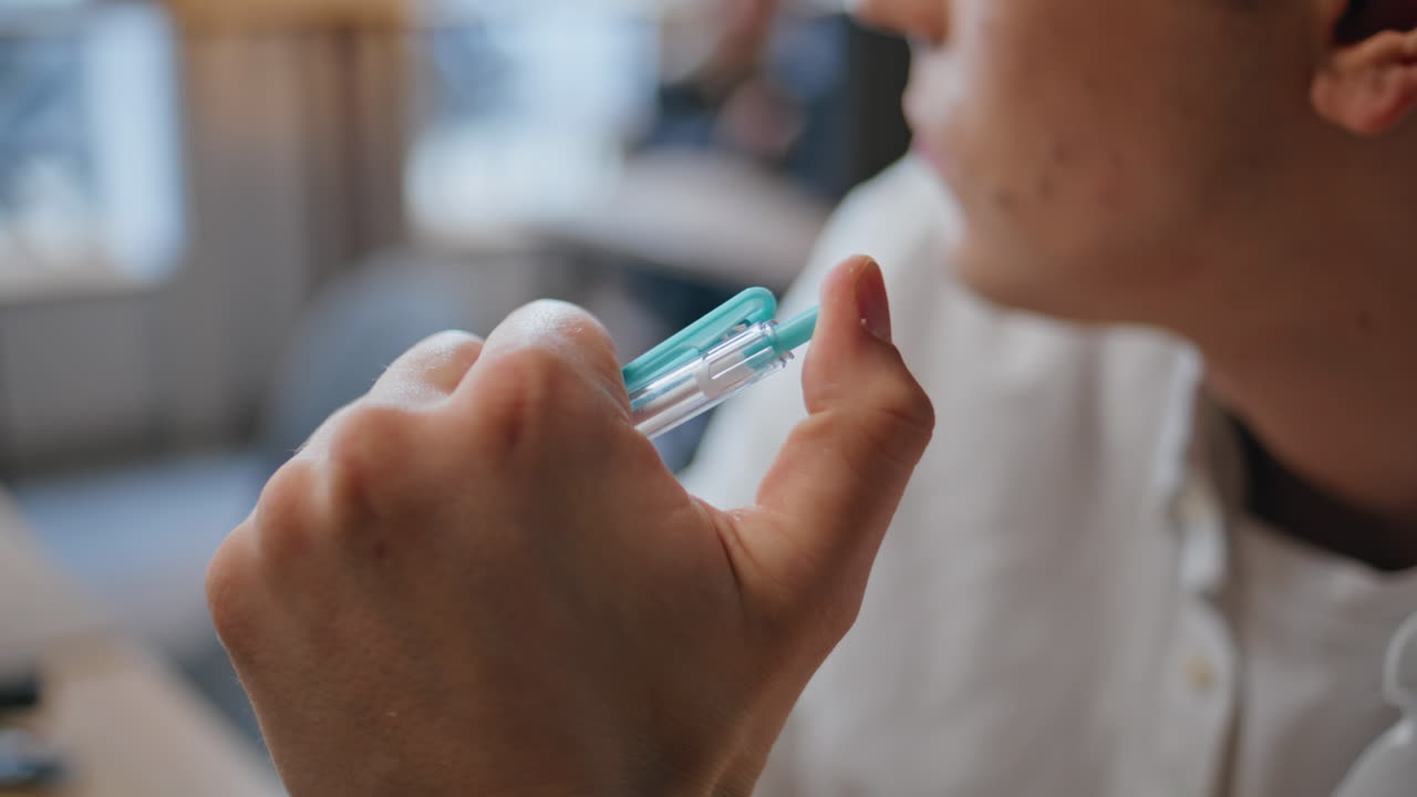 Manager hand clicking pen looking window office closeup. Pensive man pondering