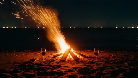 a cozy beach bonfire night with glowing embers, sparkling flames, and wine glasses for an enchanting relaxation experience under the stars