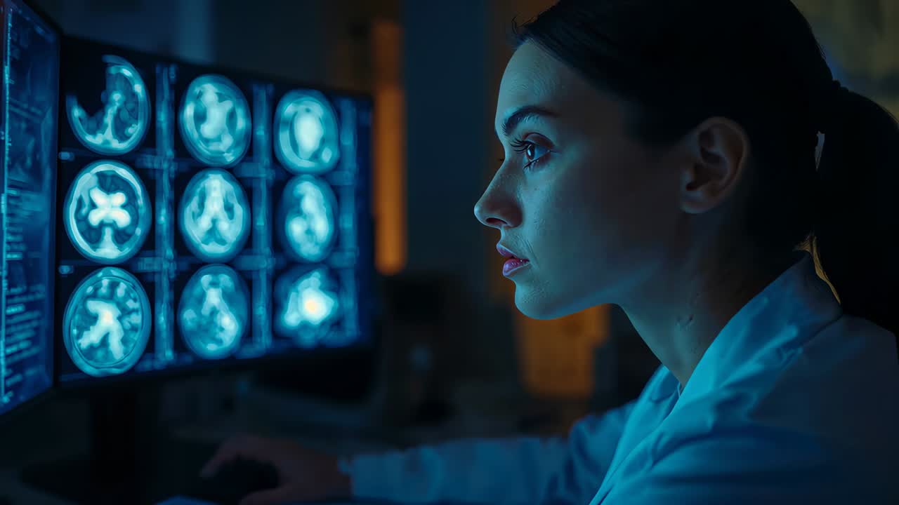 Leaning doctor responding to monitor glow, scanning brain scans in clinic, using mouse in lab coat