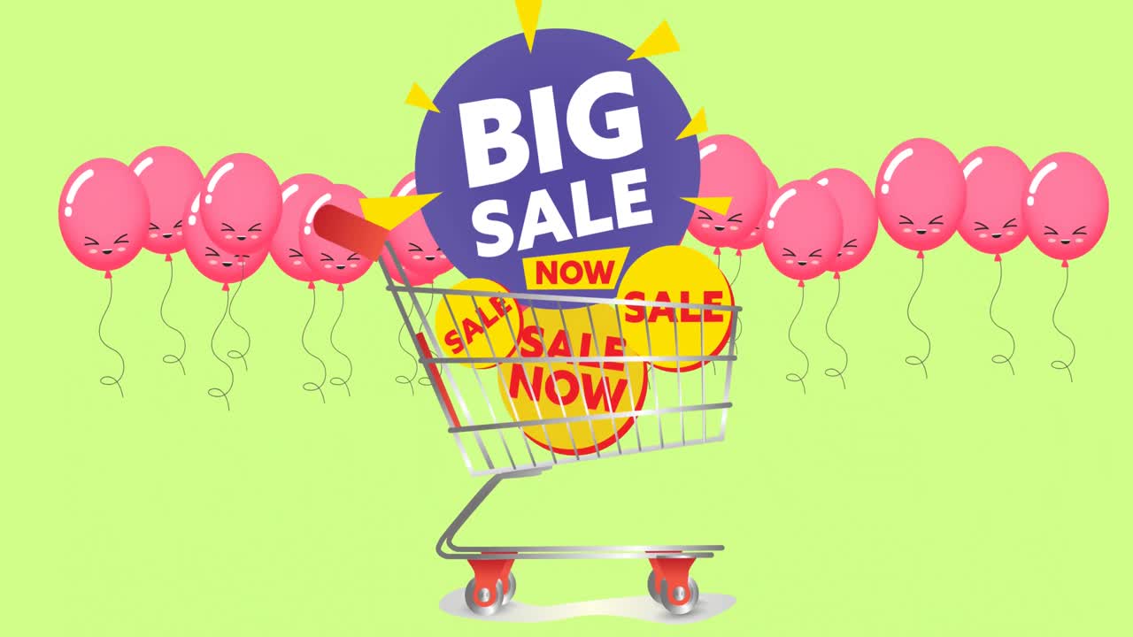 초록색 배경에 쇼핑 트롤리와 풍선에 큰 판매 텍스트의 애니메이션