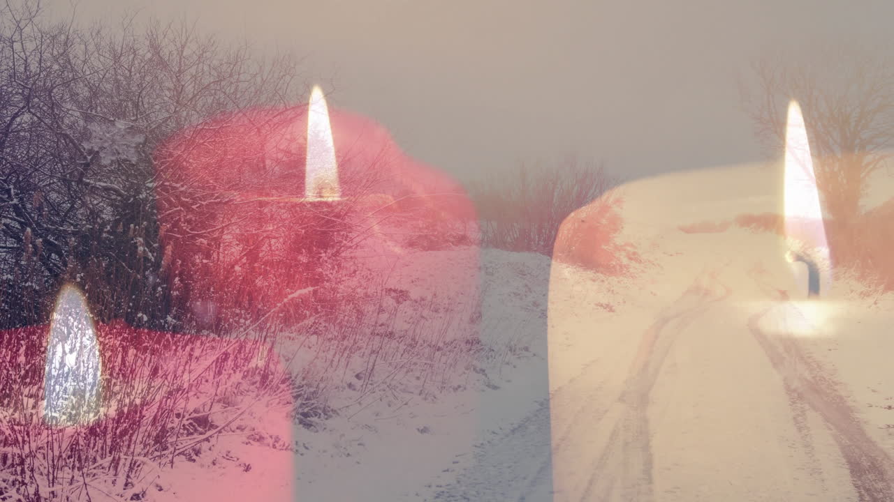 나무와 도로로 눈 인 겨울 풍경에 불타는 불 애니메이션