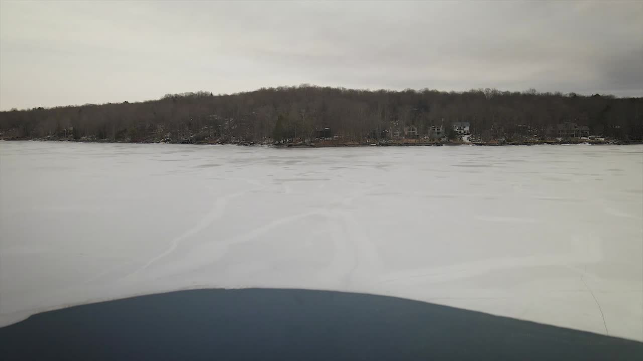 gansos nadando en un lago congelado en las montañas pocono durante el invierno