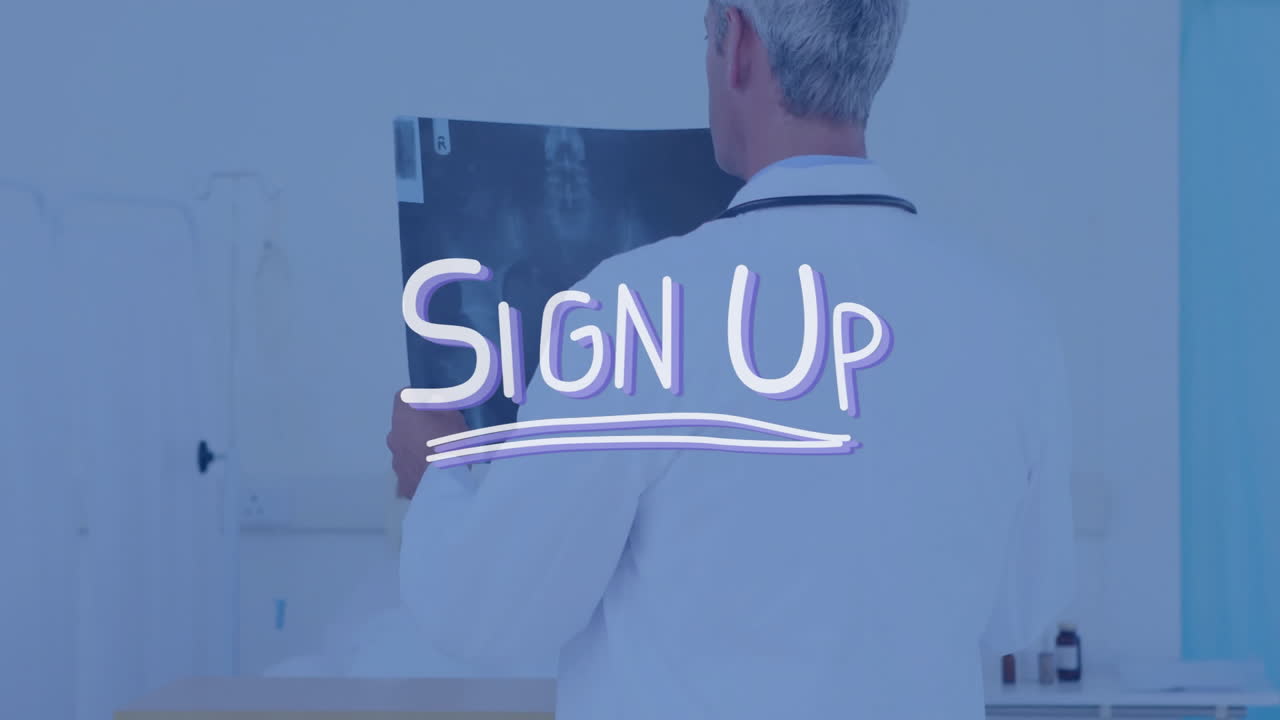 Doctor examining X-ray film in clinic, overlaying animated medical data and charts