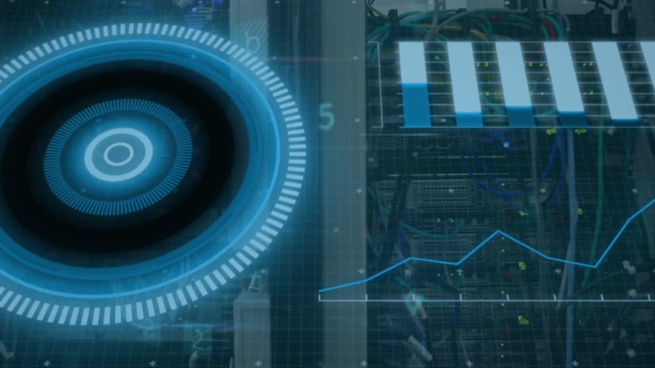 animación del escaneo del alcance y el procesamiento de datos a través de cables en el servidor informático en segundo plano
