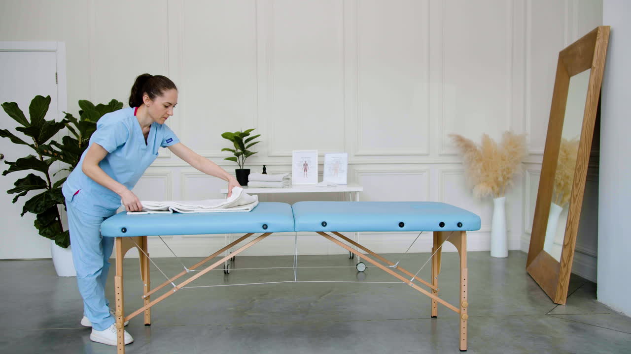 마사지 침대를 준비하는 물리치료사