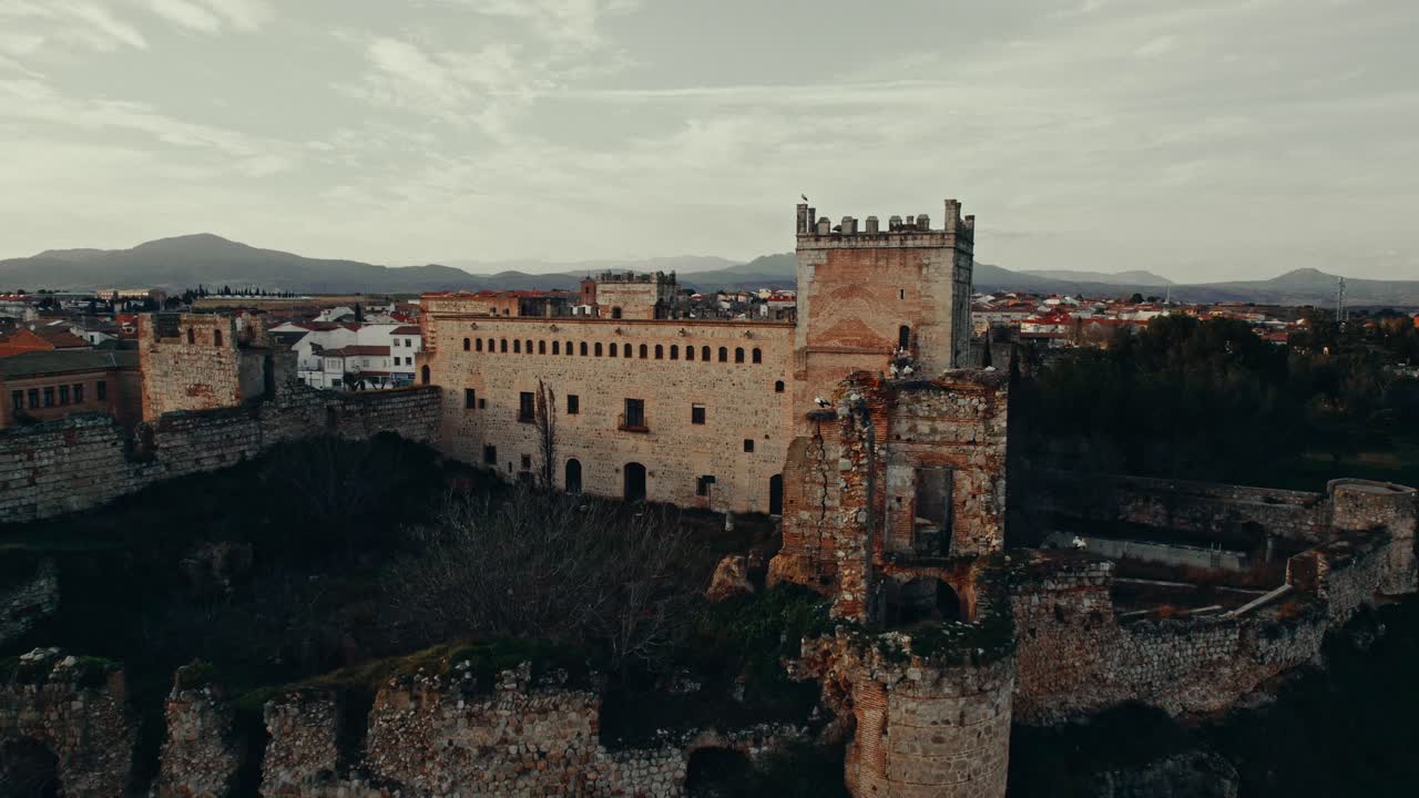 Aerial View of Ancient Stone Castle and Ruins in European Town