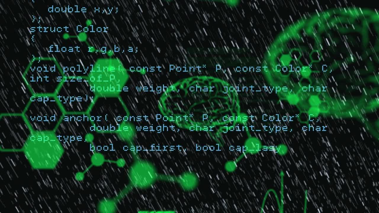 Animation of computer and scientific data processing on black background