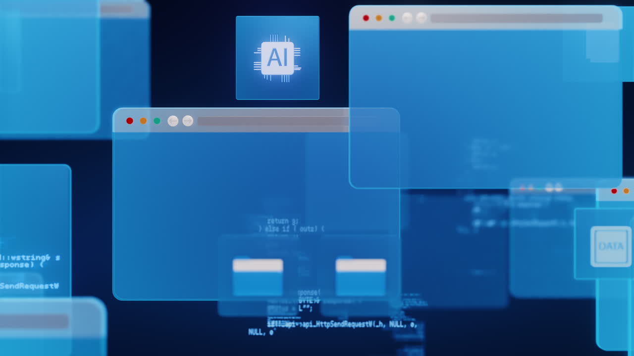 Digital interface showing data folders, AI icons, and programming code windows, symbolizing artificial intelligence, data management, and modern software development systems