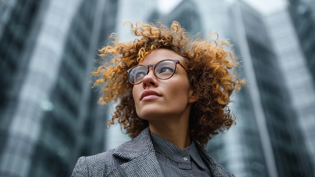 Confident Woman with Curly Hair Gazing Upwards Against a Modern Urban Background, Exuding Strength and Determination in a Professional Setting