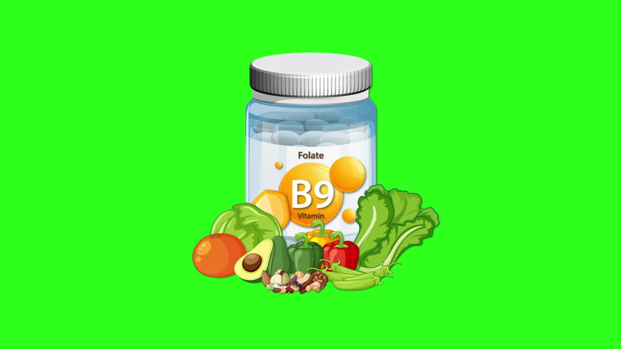 Vitamin B9 bottle appears with assorted vegetables on vibrant green background, smooth center-focused transition