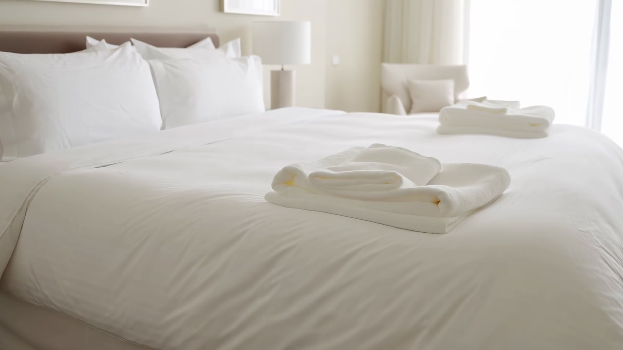 Sunlit Hotel Bed With Towels Crisp White Linen Plush Pillows Establish Minimalist Boutique Suite Vibe Natural